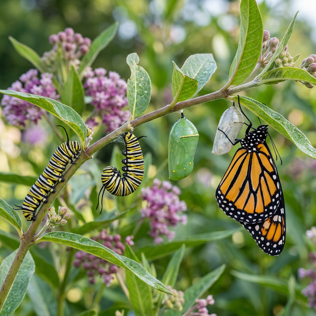 Monarch butterfly life stages including caterpillars, chrysalises, and adult butterfly on a branch with green leaves and purple flowers