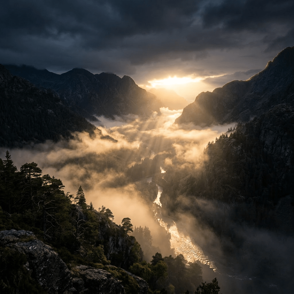 Mountain valley with low mist and dark clouds at twilight