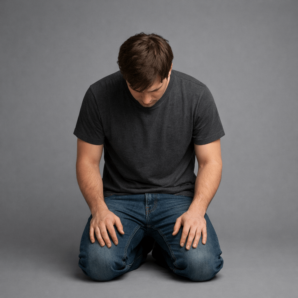 Man kneeling on gray floor, head bowed, hands on knees