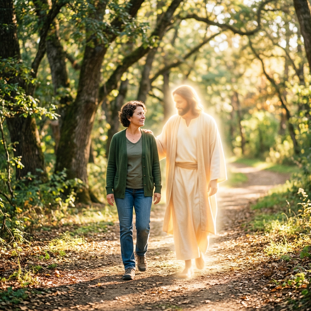 A woman walking on a forest path accompanied by a glowing figure in white robes with a gentle hand on her shoulder