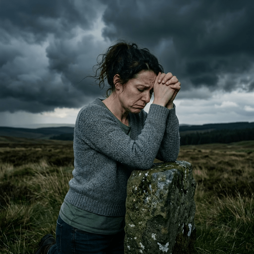 Woman with clasped hands praying in church pew